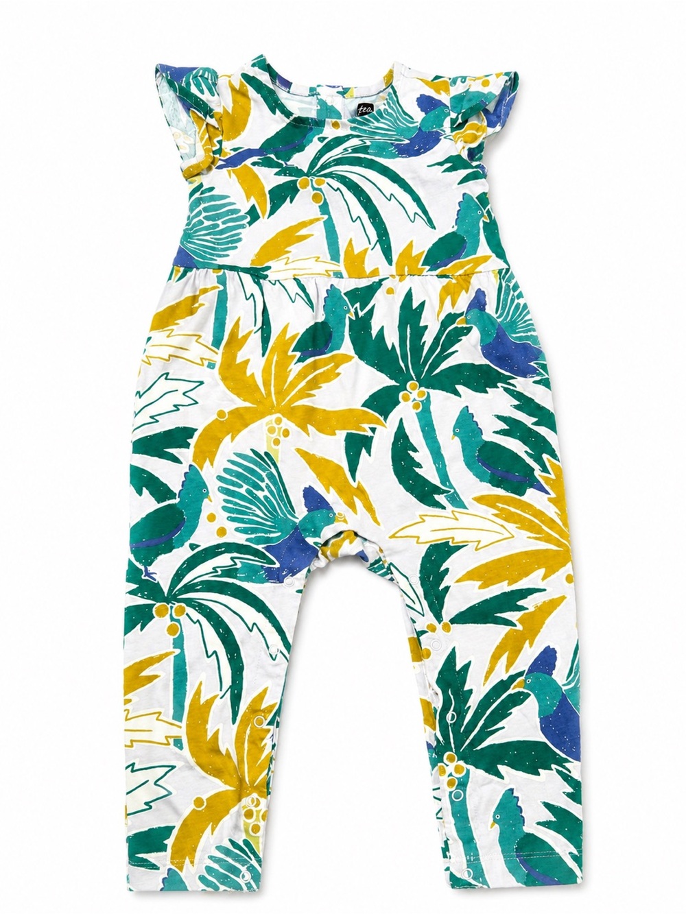 Tea Collection Tropical Bird Romper Palm Tree Teal Mustard 100% Cotton 18-24
